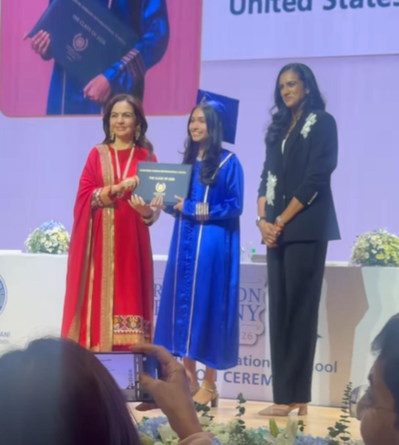 The proud mother also shared a video of daughter, Anya, receiving her graduation certificate from Nita Ambani with PV Sindhu on stage.